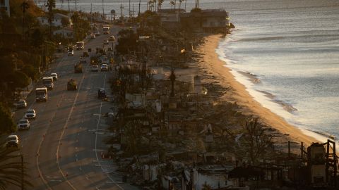 Homes along Pacific Coast Highway are left burned to the ground in the aftermath of the Palisades Fire Monday, Jan. 13, 2025 in Malibu, Calif. (AP Photo/John Locher)