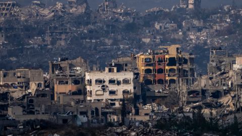 Destroyed buildings by Israeli bombardments as seen inside the Gaza Strip from southern Israel, Thursday, Jan. 16, 2025. (AP Photo/Ariel Schalit)