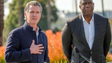 California Gov. Gavin Newsom holds a news conference at Dodger Stadium to announce a new private-sector initiative called LA Rises to be co-chaired by Magic Johnson, aimed to support rebuilding efforts after the devastating wildfires in Los Angeles, Tuesday, Jan. 28, 2025. (AP Photo/Damian Dovarganes)