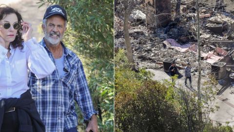 Mel Gibson es escoltado por bomberos para inspeccionar su propiedad devastada por el fuego en Malibú