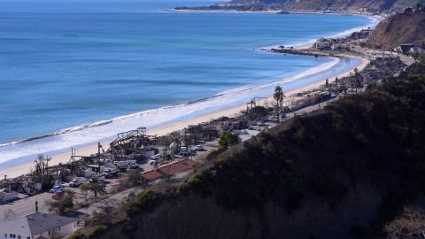 Homes along Pacific Coast Highway are seen burn out from the Palisades Fire, Sunday, Jan. 12, 2025, in Malibu, Calif. (AP Photo/Mark J. Terrill)