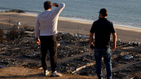 Los Angeles (United States), 16/01/2025.- People look out over the remains of a burned down neighborhood in the Pacific Palisades neighborhood in Los Angeles, California, USA, 15 January 2025. According to the National Weather Service, much of Southern California is under an elevated fire risk, as the Santa Ana winds have returned and are predicted to affect the area. The Los Angeles County Medical Examiner's Office has stated that the suspected death toll from the Los Angeles fires now stands at 25 as search and rescue teams, both local and abroad, search the affected fire areas. (incendio forestal) EFE/EPA/CAROLINE BREHMAN