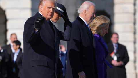 President Donald Trump, from left, gestures as he walks with first lady Melania Trump to send off former President Joe Biden and Jill Biden to board a Marine helicopter en route to Joint Base Andrews after the 60th Presidential Inauguration, Monday, Jan. 20, 2025, at the U.S. Capitol in Washington. (AP Photo/Evan Vucci)