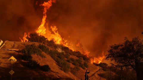 Un bombero lucha contra el incendio Palisades en Mandeville Canyon el sábado 11 de enero de 2025, en Los Ángeles.