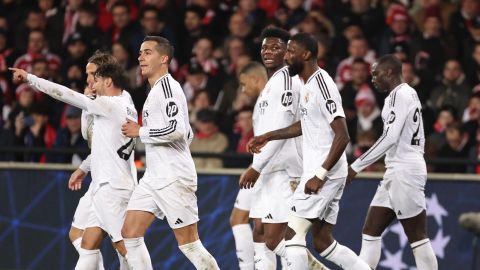 Guingamp (France), 28/01/2025.- Players of Real Madrid celebrate scoring the 0-1 goal during the UEFA Champions League soccer match between Stade Brestois 29 and Real Madrid, in Guingamp, France, 29 January 2025. (Liga de Campeones, Francia) EFE/EPA/CHRISTOPHE PETIT TESSON