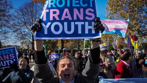 Partidarios de los derechos de las personas transgénero protestan en Washington D.C. el 4 de diciembre de 2024.