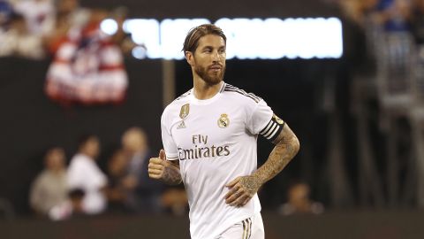 Real Madrid defender Sergio Ramos in action during the first half of an International Champions Cup soccer match against Atletico Madrid, Friday, July 26, 2019, in East Rutherford, N.J. Atletico Madrid won 7-3. (AP Photo/Steve Luciano)