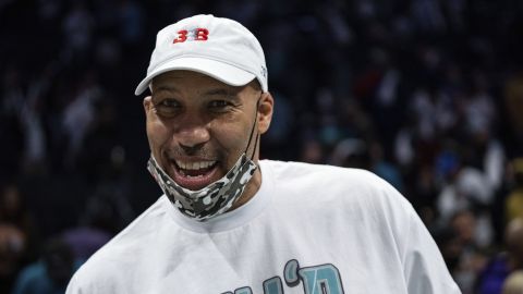 LaVar Ball, father of Charlotte Hornets guard LaMelo Ball, looks on after an NBA basketball game against the Indiana Pacers in Charlotte, N.C., Wednesday, Oct. 20, 2021. (AP Photo/Jacob Kupferman)