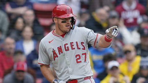 Los Angeles Angels' Mike Trout reacts after hitting a triple during the eighth inning of a baseball game against the Boston Red Sox, Sunday, April 14, 2024, in Boston. (AP Photo/Michael Dwyer)