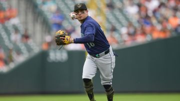 Seattle Mariners third baseman Luis Urías throws out Baltimore Orioles' Ryan O'Hearn at first base during the seventh inning of a baseball game at Oriole Park at Camden Yards, Sunday, May 19, 2024, in Baltimore. The Orioles won 6-3. (AP Photo/Jess Rapfogel)