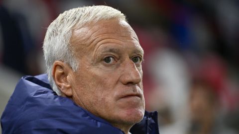 France's Didier Deschamps looks out from the bench ahead of the UEFA Nations League soccer match between Israel and France at the Bozsik Arena, in Budapest, Hungary, Monday, Oct. 10, 2024. (AP Photo/Denes Erdos)