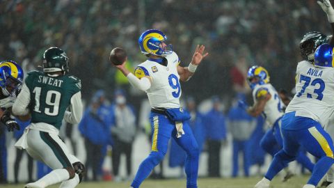 Los Angeles Rams, Matthew Stafford plays during an NFL football NFC divisional playoff game between the Philadelphia Eagles and the Los Angeles, Rams Sunday, Jan. 19, 2025, in Philadelphia. (AP Photo/Matt Slocum)