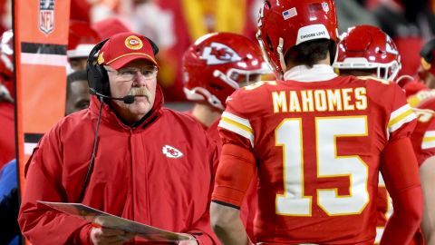 Kansas City Chiefs head coach Andy Reid talks to Kansas City Chiefs quarterback Patrick Mahomes during a break in action in the first half of the NFL AFC Championship football game against the Buffalo Bills, Sunday, Jan. 26, 2025 in Kansas City, Mo. The Chiefs defeated the Bills by a score of 32-29. (AP Photo/Reed Hoffmann)