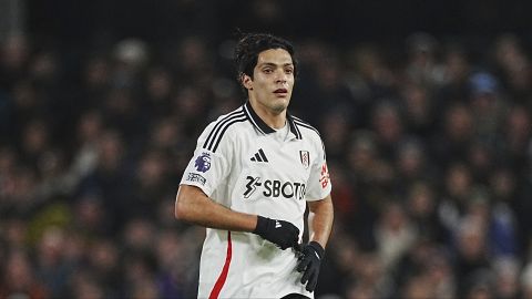 Fulham's Raul Jimenez runs into position during the English Premier League soccer match between Fulham and Manchester United, at the Craven Cottage stadium in London, Sunday, Jan. 26, 2025. (AP Photo/Dave Shopland)