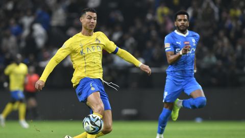 FILE - Al Nassr's Cristiano Ronaldo kicks the ball during Riyadh Season Cup 2024 final match against Al Hilal at Kingdom Arena Stadium in Riyadh, Saudi Arabia, Thursday, Feb. 8, 2024. (AP Photo, File)