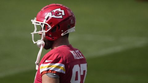 Kansas City Chiefs tight end Travis Kelce (87) stretches during an NFL football practice Friday, Feb. 7, 2025, in New Orleans, ahead of Super Bowl 59 against the Philadelphia Eagles. (AP Photo/Brynn Anderson)