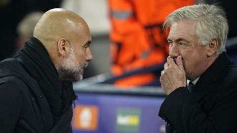 Carlo Ancelotti junto a Pep Guardiola en el duelo de ida por la Champions.