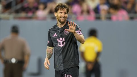 Lionel Messi of Inter Miami FC acknowledges a save during the second half of a preseason MLS soccer match against Orlando City on Friday, Feb. 14, 2025, in Tampa, Fla. (AP Photo/Mike Carlson)