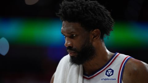 Philadelphia 76ers' Joel Embiid plays during an NBA basketball game, Saturday, Feb. 22, 2025, in Philadelphia. (AP Photo/Matt Slocum)