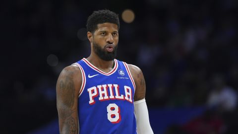 Philadelphia 76ers' Paul George plays during an NBA basketball game Monday, Feb. 24, 2025, in Philadelphia. (AP Photo/Matt Slocum)