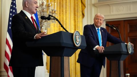 President Donald Trump and Israel's Prime Minister Benjamin Netanyahu participate in a news conference in the East Room of the White House, Tuesday, Feb. 4, 2025, in Washington. (AP Photo/Evan Vucci)