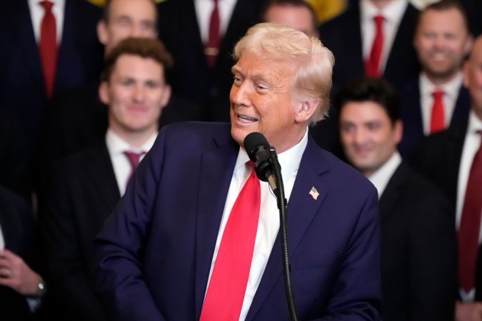 FILE - President Donald Trump speaks during a ceremony with the Florida Panthers NHL hockey team to celebrate their 2024 Stanley Cup victory in the East Room of the the White House, Monday, Feb. 3, 2025, in Washington. (AP Photo/Alex Brandon, File)