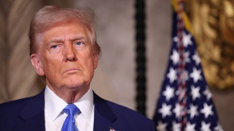 President Donald Trump speaks to the media at Mar-a-Lago, Tuesday, Feb. 18, 2025, in Palm Beach, Fla. (Pool photo via AP)