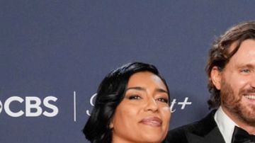 Adriana Paz, from left, Edgar Ramirez, Selena Gomez, Jacques Audiard, Karla Sofia Gascon, and Zoe Saldana pose in the press room with the award for best motion picture - musical or comedy for "Emilia Perez" during the 82nd Golden Globes on Sunday, Jan. 5, 2025, at the Beverly Hilton in Beverly Hills, Calif. (AP Photo/Chris Pizzello)
