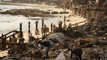 Tony Lai, left, looks through the remains of his fire-ravaged beachfront property with his wife Everlyn in the aftermath of the Palisades Fire Tuesday, Jan. 28, 2025 in Malibu, Calif. (AP Photo/Jae C. Hong)