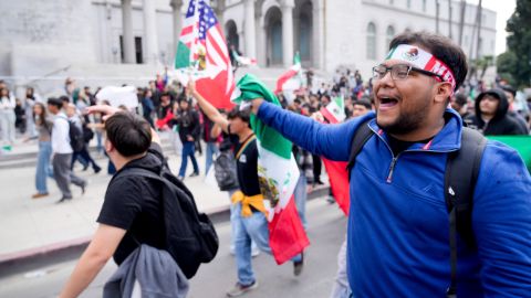 Demonstrators rally for immigration reform Tuesday, Feb. 4, 2025, in Los Angeles. (AP Photo/Damian Dovarganes)