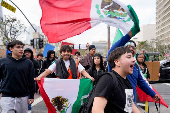 Demonstrators rally for immigration reform Tuesday, Feb. 4, 2025, in Los Angeles. (AP Photo/Damian Dovarganes)