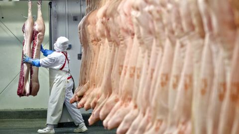 Trabajador en el interior de una planta procesadora de carne