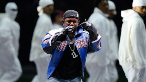 Kendrick Lamar performs during halftime of the NFL Super Bowl 59 football game between the Kansas City Chiefs and the Philadelphia Eagles, Sunday, Feb. 9, 2025, in New Orleans. (AP Photo/Matt Slocum)