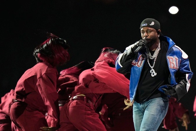 Kendrick Lamar performs during halftime of the NFL Super Bowl 59 football game between the Kansas City Chiefs and the Philadelphia Eagles, Sunday, Feb. 9, 2025, in New Orleans. (AP Photo/Frank Franklin II)