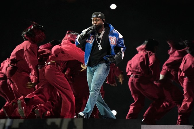 Kendrick Lamar performs during halftime of the NFL Super Bowl 59 football game between the Kansas City Chiefs and the Philadelphia Eagles, Sunday, Feb. 9, 2025, in New Orleans. (AP Photo/Frank Franklin II)