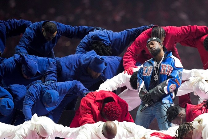 Kendrick Lamar performs during halftime of the NFL Super Bowl 59 football game between the Kansas City Chiefs and the Philadelphia Eagles, Sunday, Feb. 9, 2025, in New Orleans. (AP Photo/Matt Slocum)