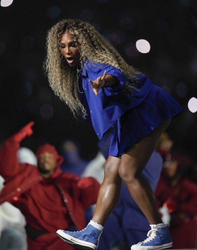 Serena Williams dances on stage during halftime of the NFL Super Bowl 59 football game between the Kansas City Chiefs and the Philadelphia Eagles, Sunday, Feb. 9, 2025, in New Orleans. (AP Photo/George Walker IV)
