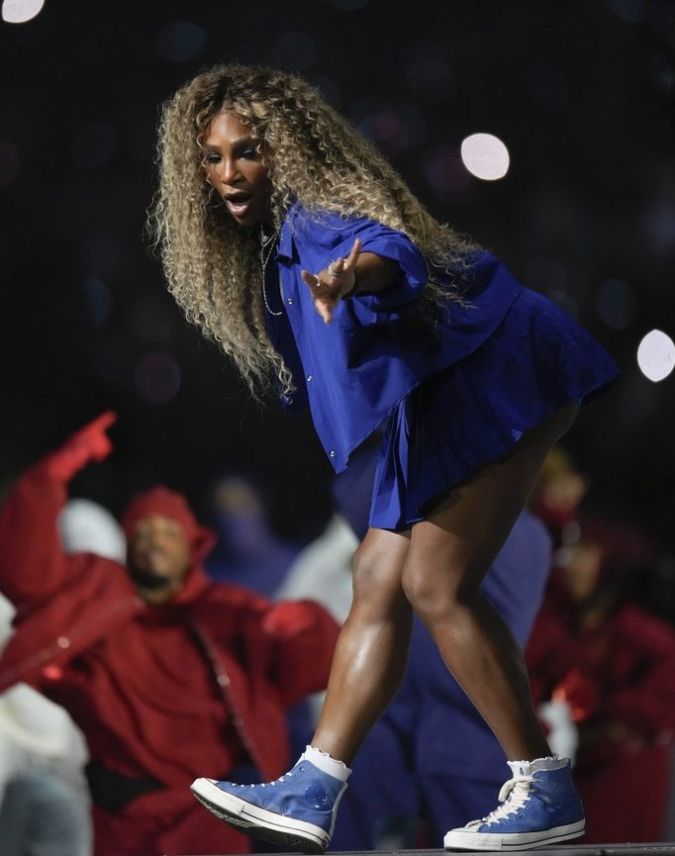 Serena Williams dances on stage during halftime of the NFL Super Bowl 59 football game between the Kansas City Chiefs and the Philadelphia Eagles, Sunday, Feb. 9, 2025, in New Orleans. (AP Photo/George Walker IV)