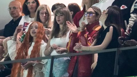 Ice Spice, from left, Taylor Swift, Este Haim, Alana Haim and Ashley Avignone, back center, watch during the first half of the NFL Super Bowl 59 football game between the Kansas City Chiefs and the Philadelphia Eagles, Sunday, Feb. 9, 2025, in New Orleans. (AP Photo/Gerald Herbert)