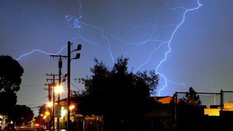 Lightning shoots through the sky in Arcadia, Calif., east of Los Angeles, early Monday morning Jan. 26, 2009. (AP Photo/Mike Meadows)