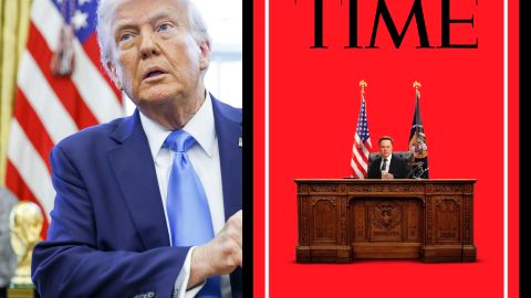 El combo de fotos muestra al presidente Trump y la última portada impresa de la revista Time con Elon Musk detrás del Resolute Desk en la Oficina Oval.