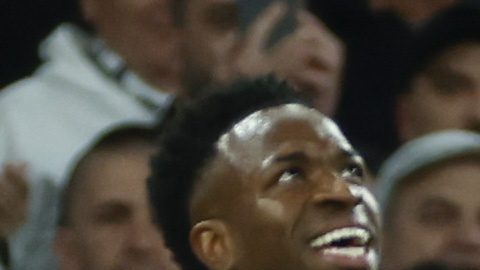 Madrid (Spain), 29/03/2025.- Real Madrid's Kylian Mbappe (C) celebrates aftr scoring his second goal during LaLiga soccer match between Real Madrid and Leganes at Santiago Bernabeu Stadium in Madrid, Spain, 29 March 2025. (España) EFE/EPA/Mariscal