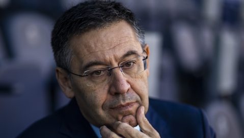 FILE - In this Nov. 8, 2019, file photo, President of FC Barcelona Josep Bartomeu pauses during and interview with the Associated Press at the Camp Nou stadium in Barcelona, Spain. Barcelona’s former president denies accusations by its current leadership that his board left the Spanish club on the brink of bankruptcy due to poor management. Josep Bartomeu tells Spanish media that most of the club’s financial woes have been caused by the impact of the pandemic. Bartomeu's successor Joan Laporta has said that even without the pandemic the club would have suffered huge losses because expenses outstripped revenues under Bartomeu. (AP Photo/Emilio Morenatti, File)