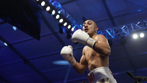 Teofimo Lopez celebrates after defeating Pedro Campa by TKO in a junior welterweight boxing match, Saturday, Aug. 13, 2022, in Las Vegas. (AP Photo/John Locher)