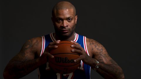 Philadelphia 76ers' P.J. Tucker poses for a photograph during media day at the NBA basketball team's practice facility, Monday, Oct. 2, 2023, in Camden. (AP Photo/Chris Szagola)