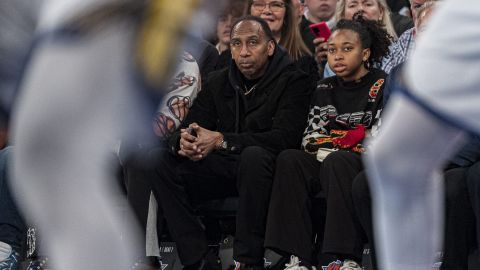 Stephen A. Smith sits courtside during the first half of an NBA basketball game between the New York Knicks and the Golden State Warriors in New York, Thursday, Feb. 29, 2024. (AP Photo/Peter K. Afriyie)