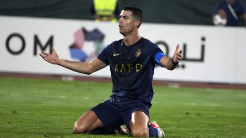 FILE - Saudi Arabia's Al Nassr Cristiano Ronaldo reacts in a match with Iran's Persepolis during their AFC Champions League soccer match at the Azadi Stadium in Tehran, Iran, on Sept. 19, 2023. (AP Photo/Vahid Salemi), File)