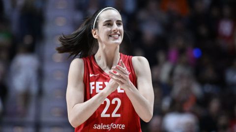 FILE - Indiana Fever guard Caitlin Clark (22) reacts during a first-round WNBA basketball playoff game against the Connecticut Sun, Wednesday, Sept. 25, 2024, in Uncasville, Conn. (AP Photo/Jessica Hill, File)