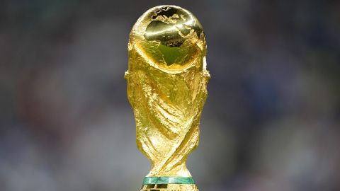 FILE - The trophy is displayed on the pitch ahead of the World Cup final soccer match between Argentina and France at the Lusail Stadium in Lusail, Qatar, Dec. 18, 2022. (AP Photo/Martin Meissner, File)
