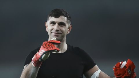 Aston Villa goalkeeper Emiliano Martinez smiles after the English Premier League soccer match between Arsenal and Aston Villa at the Emirates Stadium in London, Saturday, Jan. 18, 2025. (AP Photo/ Dave Shopland)